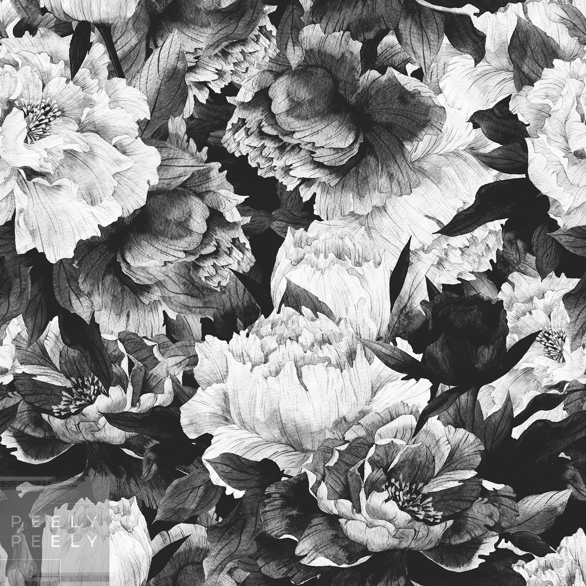 Grey Peony Removable Wallpaper Peonies Wall Mural Black and Etsy