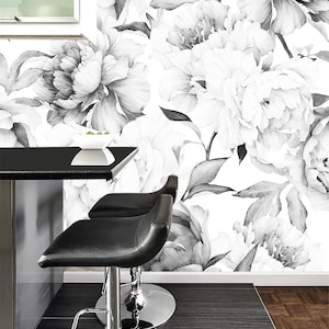 Papel pintado de peonías en blanco y negro - Fotomural de peonías - Papel pintado autoadhesivo o material tradicional