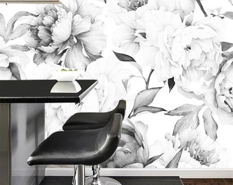 Black and White Peony wallpaper - Peonies wall mural - Peel and stick wallpaper or traditional material