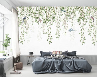 Hanging Leaves Birds & Vines Wallpaper Floral Wall mural - White Background Ivy Wall - Peel and stick or Traditional paper