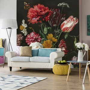 Dutch Flowers Peel and Stick Wallpaper, Dark Floral Wall Mural, Still Life Flowers Art, Dutch Flowers Oil Painting Decor