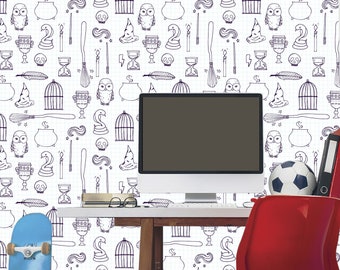 May include: A white wall with a black and white pattern of Harry Potter themed doodles. The doodles include owls, cauldrons, wands, and other magical objects. A computer monitor, a red chair, a soccer ball, and a skateboard are in front of the wall.