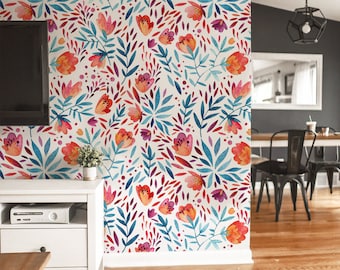 May include: A white wall with a floral wallpaper featuring a repeating pattern of blue, red, orange, and purple flowers and leaves.
