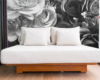 Papel pintado vintage de rosas blancas y negras, removible, autoadhesivo, ideal para inquilinos, diseño de espacios modernos.