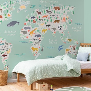 Giant Safari Kids Safari Map Wallpaper Mural, Living Room, Bedroom, World Map Wall Decal, Wall Art, vintage map, world map wallpaper