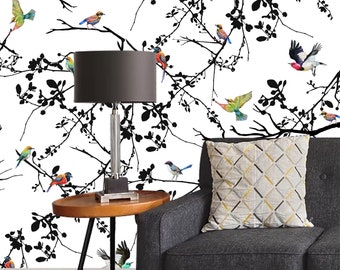 Peel and Stick Bird Wall Mural Removable Wallpaper Tree & Watercolor Drawing Wall Decor Art