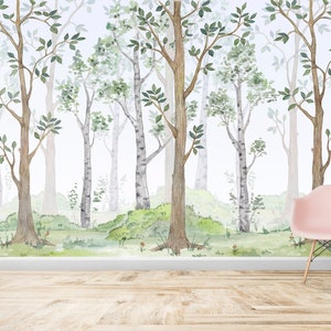 Watercolor Birch Tree Wallpaper: Woodland Nursery Decor, Peel and Stick