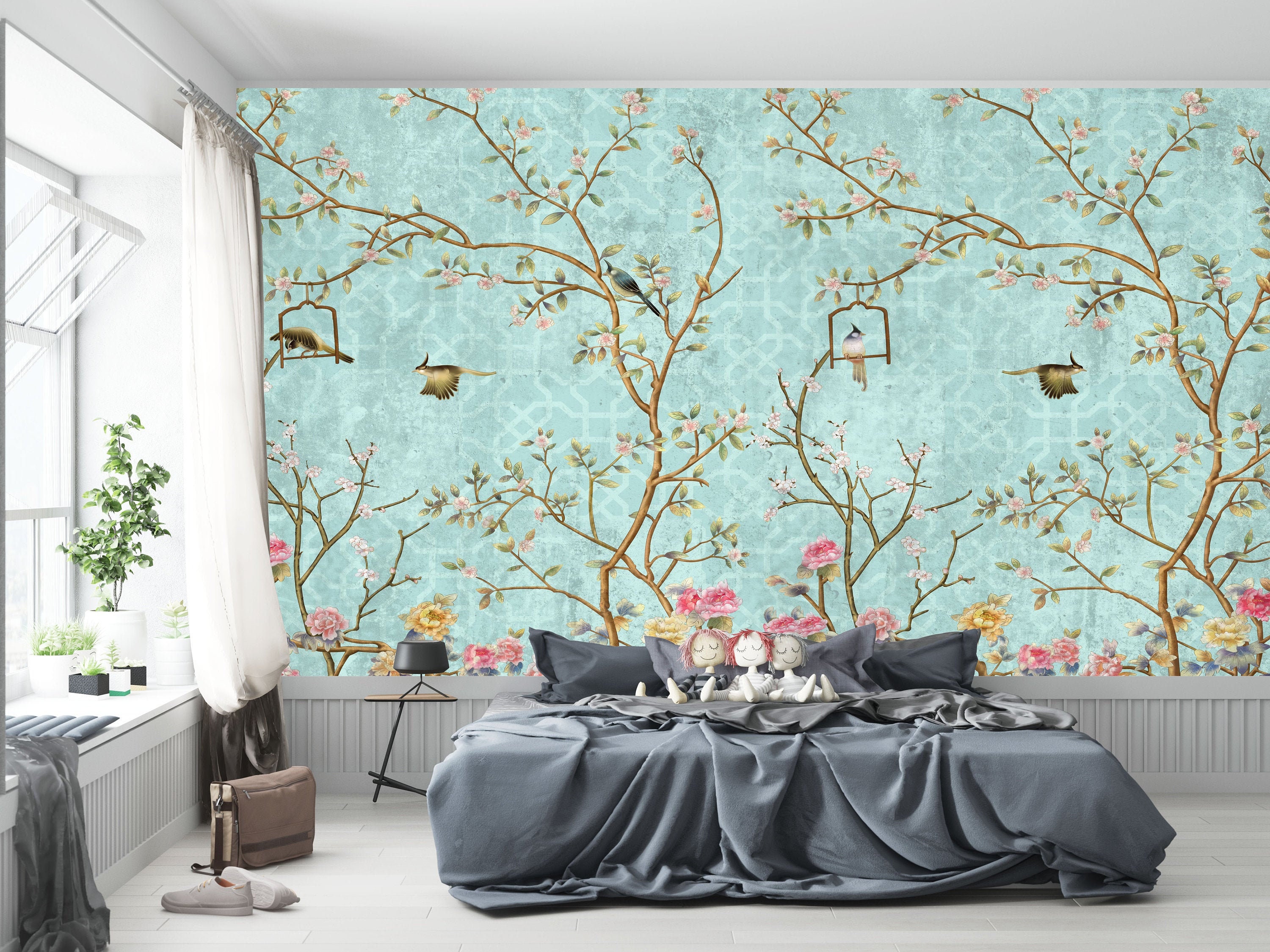 Chinoiserie Wallpaper Floral Murals Wallpaper With Birds | Etsy