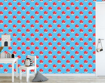 May include: A blue wall with a repeating pattern of red and white Poke Balls. The wall is in a room with a white table and chair, a small potted plant, and a black and white penguin toy.