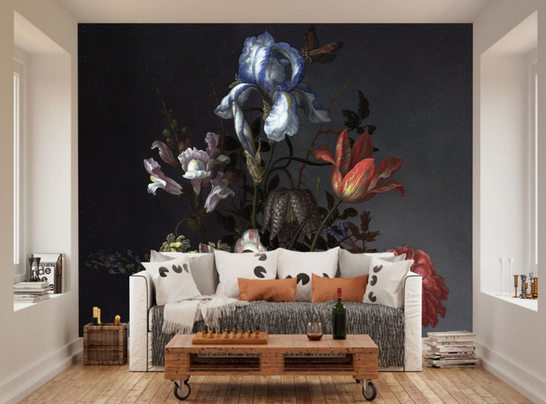 Dutch Dark Vintage Floral Removable Wallpaper, Wall Mural, Peel and