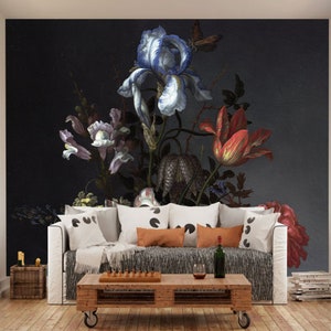 Dutch Dark Vintage Floral Removable Wallpaper, Wall mural, Peel and stick, Floral wallpaper, Self adhesive, Temporary mural
