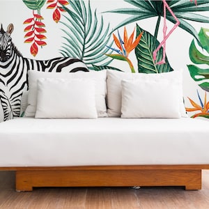 Papel de Parede Removível com Estampa de Zebra e Flamingo #124 | Decoração de Parede com Animais Tropicais para Quarto e Sala de Estar