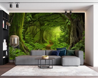 May include: A photo mural depicting a lush green jungle path with tall trees and vibrant foliage. The path leads into the depths of the forest, creating a sense of mystery and adventure.