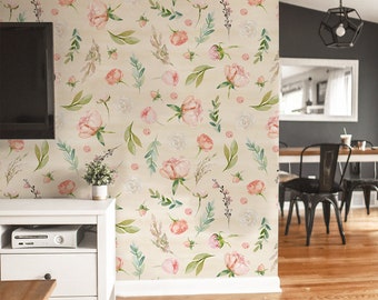 May include: A wall mural featuring a repeating pattern of pink and white watercolour flowers and leaves on a beige background.
