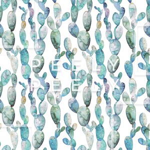 May include: A seamless pattern featuring watercolor illustrations of blue and green cacti on a white background.