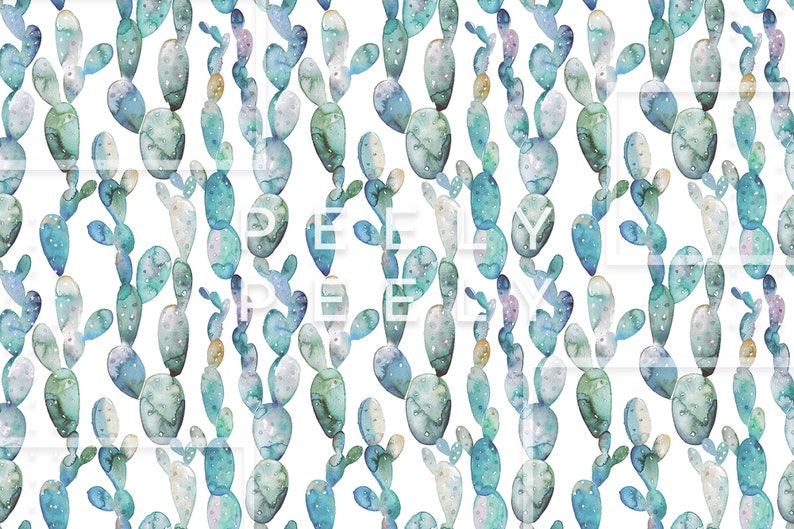 May include: A seamless pattern featuring watercolor illustrations of blue and green cacti on a white background.