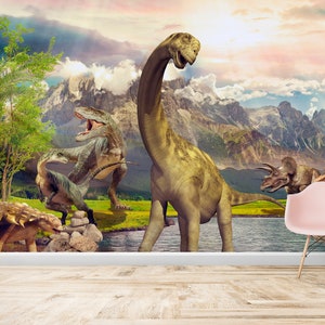 Removable Dino Wallpaper with Illustrated Dinosaurs, peel and stick wallpaper, illustrated wall mural, Nursery wall decor