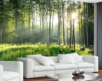 May include: A photo mural depicting a lush green forest with tall trees and sunlight streaming through the leaves. The forest floor is covered in green grass and ferns.