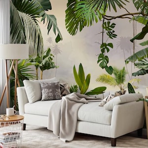 Peel and Stick Rainforest Tropical Wallpaper, Jungle Flower & Leaves Mural with Palm Trees, Green Wall Decor, Trending Fast Selling Murals