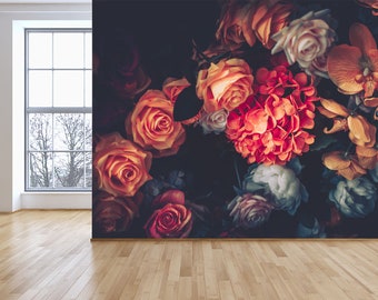 Beautiful Vintage removable Wallpaper Dark Dutch Floral - Roses - Peel and Stick Flower and Blossom Wallpaper, Dark flowers