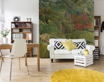 May include: A white sofa with yellow and black patterned cushions sits in front of a jungle mural. The mural depicts a large green tree with red flowers and a large animal peering out from behind the leaves.