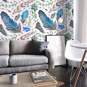Boho Feathers Removable Wallpaper | Watercolor Pattern #207 for Bohemian Decor, Easy to Apply & Eco-Friendly
