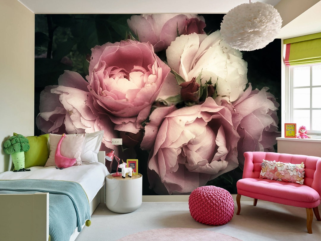Pink Roses Wall Mural: Dark Floral Peel and Stick Wallpaper - Etsy