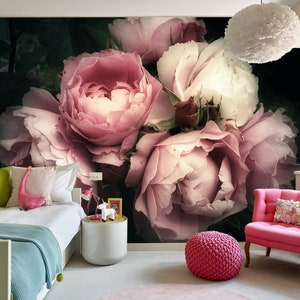 Pink Roses Wall Mural: Dark Floral Peel and Stick Wallpaper