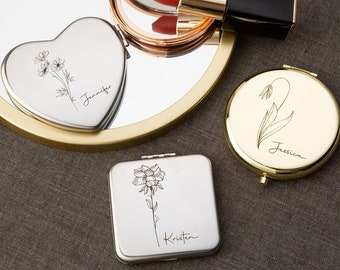 Miroir de demoiselle d'honneur personnalisé, cadeau fleurs de naissance, cadeaux pour célibataire, miroir de poche personnalisé, cadeaux de mariée, cadeau d'anniversaire, cadeaux