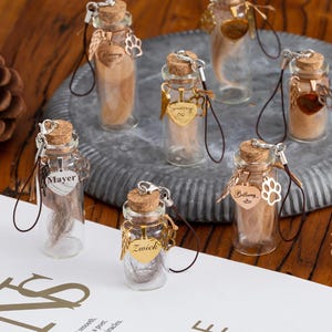 Puede incluir: Pequeñas botellas de vidrio con tapones de corcho, cada una con una muestra de pelo o pelaje. Las botellas tienen dijes metálicos con nombres y elementos decorativos como corazones y huellas de patas. Un recuerdo reflexivo.