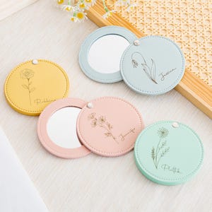 Custom Pocket Mirror,Leather Compact Mirror,Birth Flower Mirror,Bridesmaid Gifts, Bachelorette Party Favors,Travel Mirror,Gift for Her