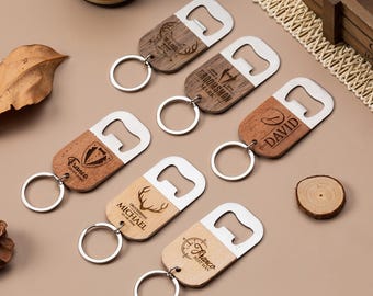 Abrebotellas de madera personalizado, llavero grabado, llavero abridor de botellas, regalo para él, regalo para padrinos de boda, regalo para papá