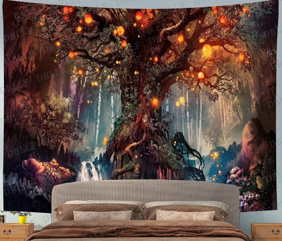 Magical Forest And Lanterns Tapestry Wall Hanging Bedspread Throw Dorm Decor 