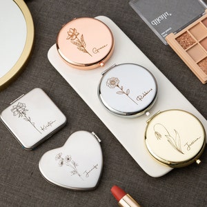 Espejo con nombre personalizado, regalo de flores de nacimiento, espejo de bolsillo personalizado, regalos de despedida de soltera, regalos de novia, regalos de fiesta nupcial, regalo de cumpleaños