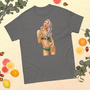 GTA Style Girl with a gun retro shirt, GTA fans, Hot Girl in bikini with a golden gun retro t-shirt.