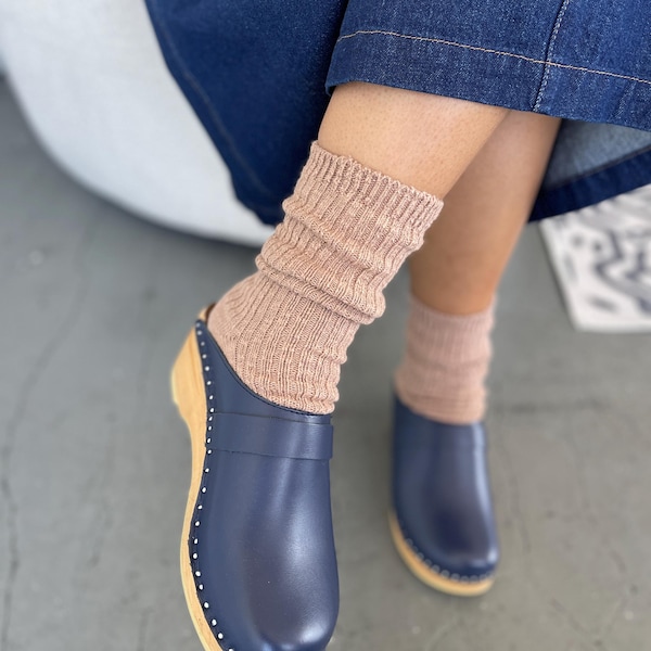 Navy Leather Clogs: Unisex Swedish Wooden Mules
