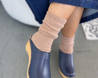 Navy Leather Clogs: Unisex Swedish Wooden Mules