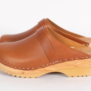 Cognac Brown Leather Clogs: Swedish Troentorp Mules, Low Heel image 4