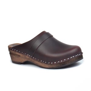 Swedish Clogs: Brown Leather Wood Mules, Troentorp Da Vinci