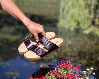Dark Brown Leather Cork Sandals: Unisex Swedish Troentorp Sandals