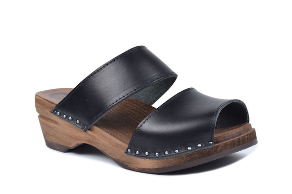 black leather clogs