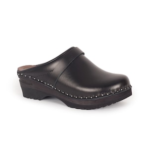Black Leather Chef Clogs: Troentorp Wooden Work Shoes