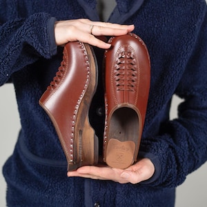Braided Swedish Clogs: Rusty Brown Leather Mules with Wooden Heel