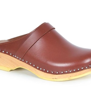 Tamancos suecos marrons, mules clássicos, tamancos de madeira de salto baixo, tamancos Bastad Treontorp para mulheres e homens, tamancos, Da Vinci marrom enferrujado