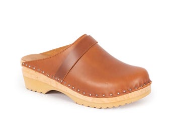 Cognac Brown Leather Clogs: Swedish Troentorp Mules, Low Heel