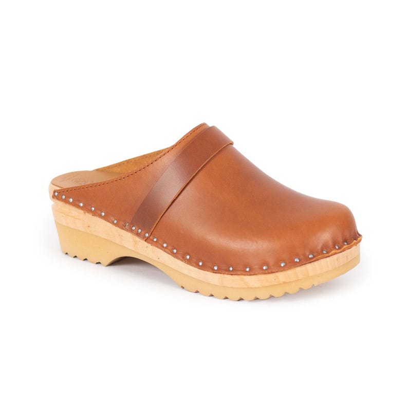 Cognac Brown Leather Clogs: Swedish Troentorp Mules, Low Heel image 1