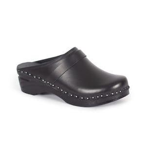 Swedish Black Leather Clogs: Handmade Wooden Mules