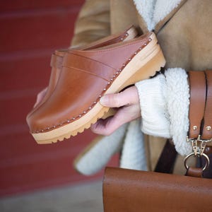 Cognac Brown Leather Clogs: Swedish Troentorp Mules, Low Heel image 2
