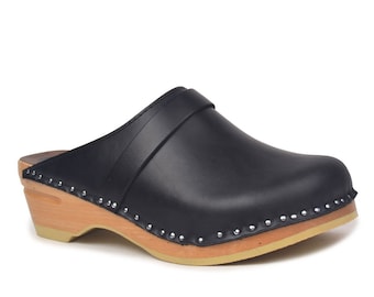 Classic Swedish Clogs / Da Vinci Black Leather Clog / Clogs for Women / Unisex Wooden clogs / Bastad Troentorp Clogs for Men and Women