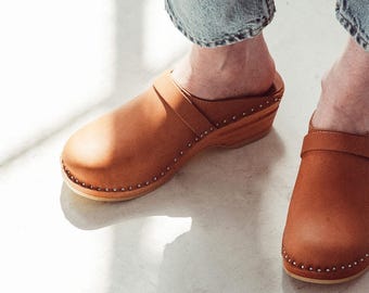 Light Tan Classic Clogs: Low Heel Wooden Mules